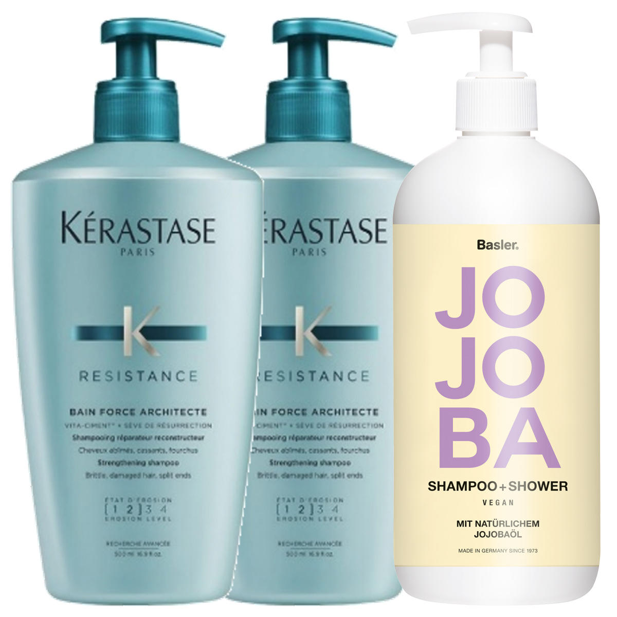 Kérastase Resistance Bain Force Architecte Bundle 2 x 500 ml + Basler Jojoba Shampoo & Shower 500 ml gratis - 1