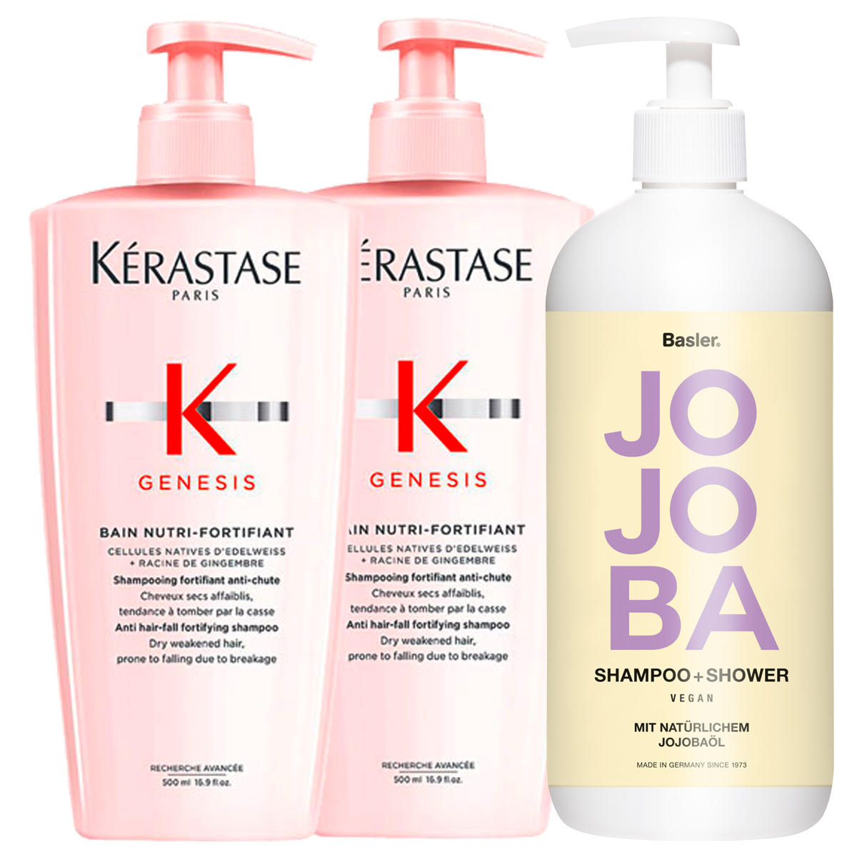 Kérastase Genesis Bain Nutri-Fortifiant Bundle 2 x 500 ml + Basler Jojoba Shampoo & Shower 500 ml gratuit - 1