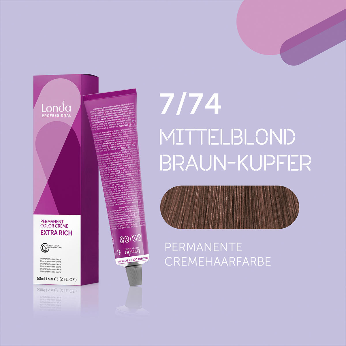 Londa Permanent cream hair color Extra Rich 7/74 Medium Blonde Brown Copper, Tube 60 ml - 1