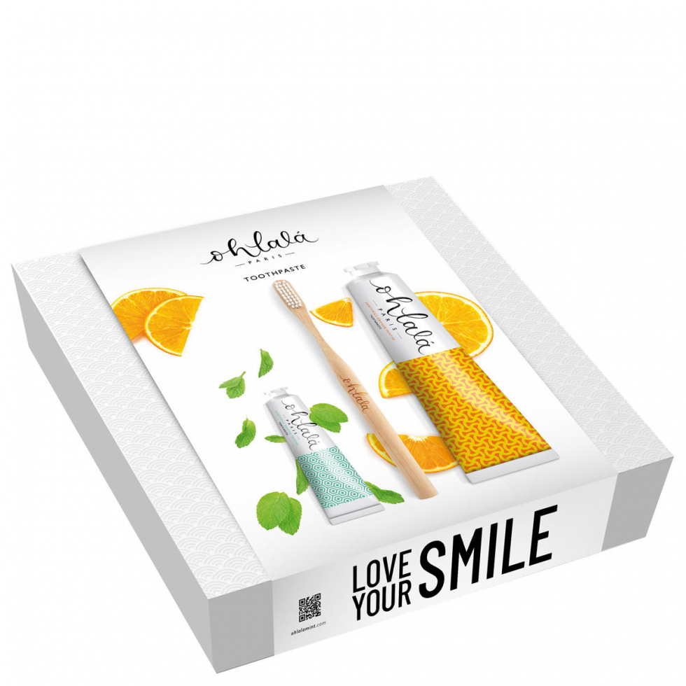 Ohlalá Blossom Orange Set Toothpaste Orange. mint + Fresh Mint + Bamboo Toothbrush  - 1