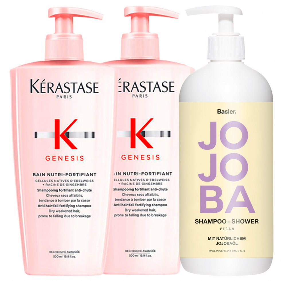 Kérastase Genesis Bain Nutri-Fortifiant Bundle 2 x 500 ml + Basler Jojoba Shampoo & Shower 500 ml gratis - 1