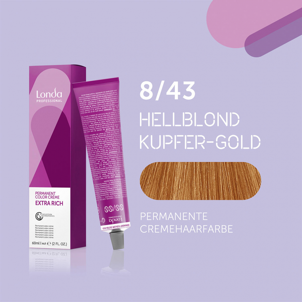 Londa Colore per capelli in crema permanente Extra Rich 8/43 Biondo Chiaro Rame Oro, Tubo 60 ml - 1