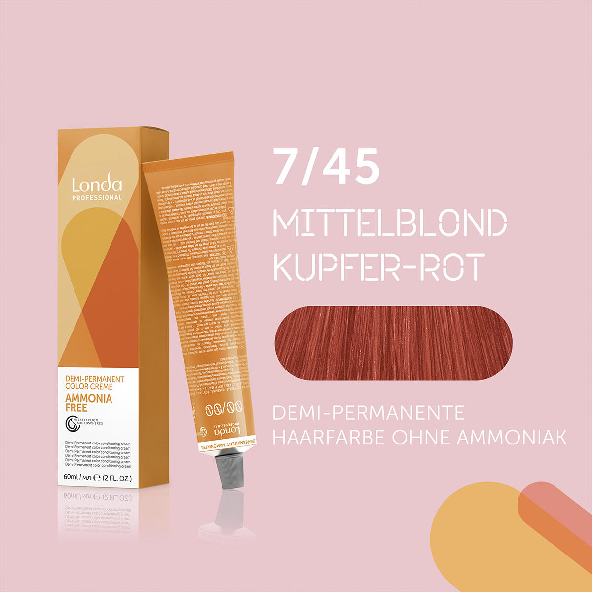 Londa Demi-permanente Cremehaarfarbe ohne Ammoniak 7/45 Mittelblond Kupfer Rot, Tube 60 ml