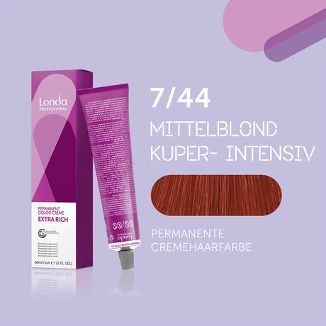Londa Permanent cream hair color Extra Rich 7/44 Medium Blonde Kuper Intensive, Tube 60 ml
