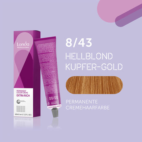 Londa Colore per capelli in crema permanente Extra Rich 8/43 Biondo Chiaro Rame Oro, Tubo 60 ml