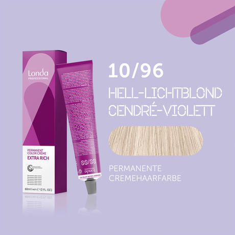 Londa Permanent cream hair color Extra Rich 10/96 Light Blonde Cendré Violet, Tube 60 ml