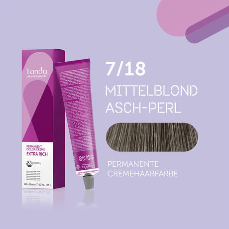 Londa Permanent cream hair color Extra Rich 7/18 Medium Blond Ash Pearl, Tube 60 ml