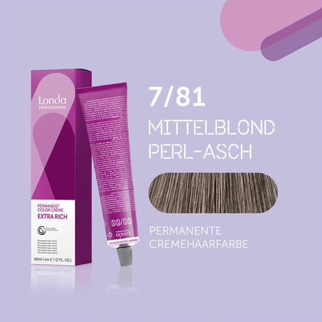 Londa Permanent cream hair color Extra Rich 7/81 Medium Blonde Pearl Ash, Tube 60 ml