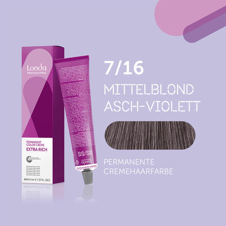 Londa Permanent cream hair color Extra Rich 7/16 Medium Blonde Ash Violet, Tube 60 ml